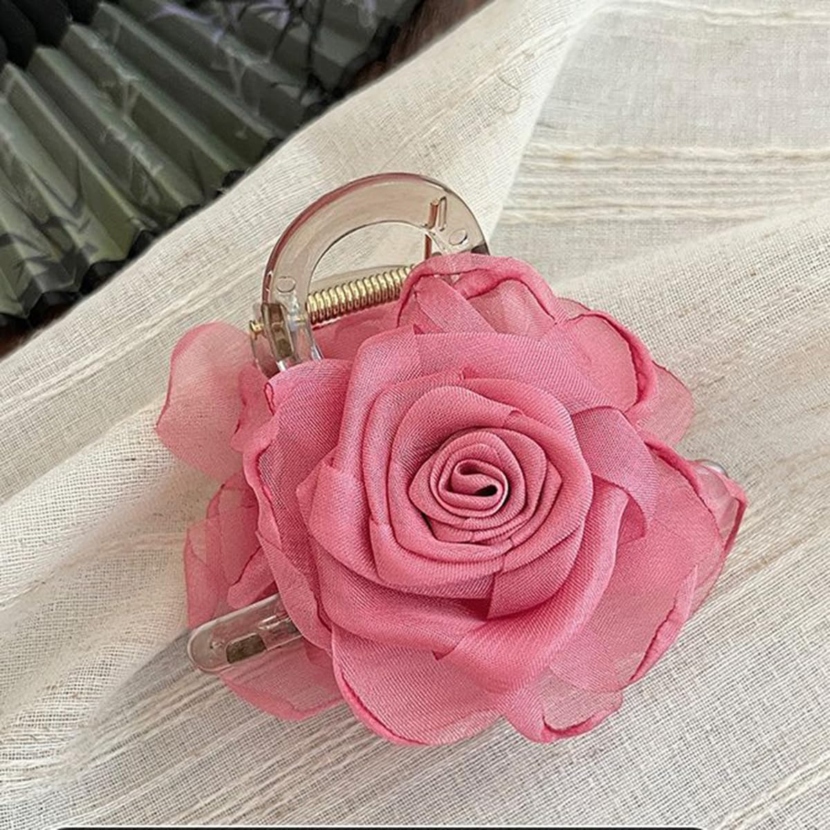 S.A.V.I Dark Pink Rose Hair Claw Clip for Women & Girls, 5 cm Small Floral Hair Clutch, Chiffon Fabric Flower Design, Stylish Hair Accessory for Daily, Party & Ethnic Look