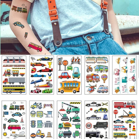 S.A.V.I 10PCS. Cars, Buses, Traffic, Crane, Police car Colorful Temporary Tattoo Stickers For Kids