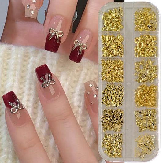S.A.V.I Gold Alloy Bow Nail Art Decorations – 3D Metal Nail Charms (Box 30 g) 12 Stylish Designs for DIY Nail Extensions & Manicure – Nail Accessories for Women & Girls