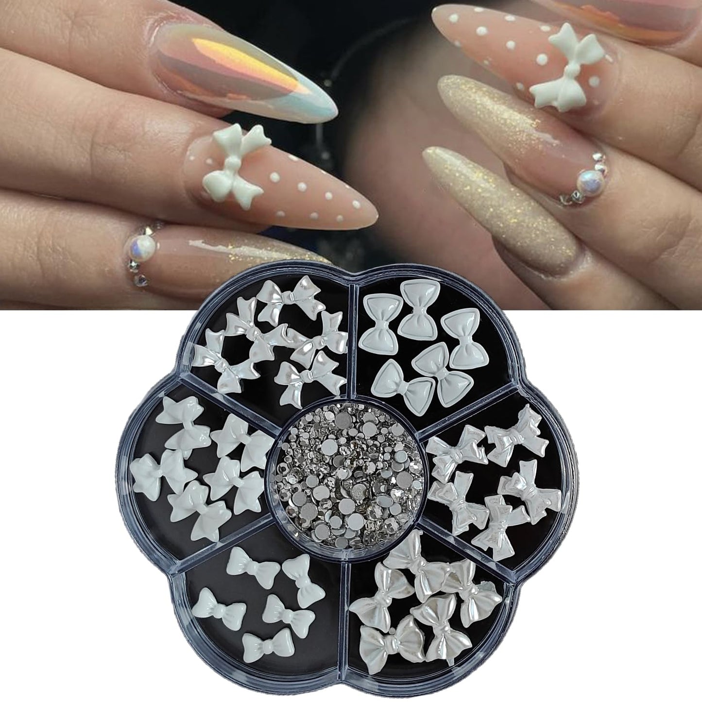 S.A.V.I 3D White Bowknot Nail Art Charms Set (30 Pcs) – Pearl Finish Resin Bows & Flat-Back Rhinestones, Mixed Sizes, Round 7-Section Storage Box for DIY Acrylic & Gel Nails