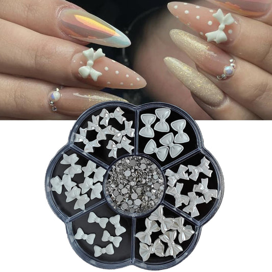 S.A.V.I 3D White Bowknot Nail Art Charms Set (30 Pcs) – Pearl Finish Resin Bows & Flat-Back Rhinestones, Mixed Sizes, Round 7-Section Storage Box for DIY Acrylic & Gel Nails