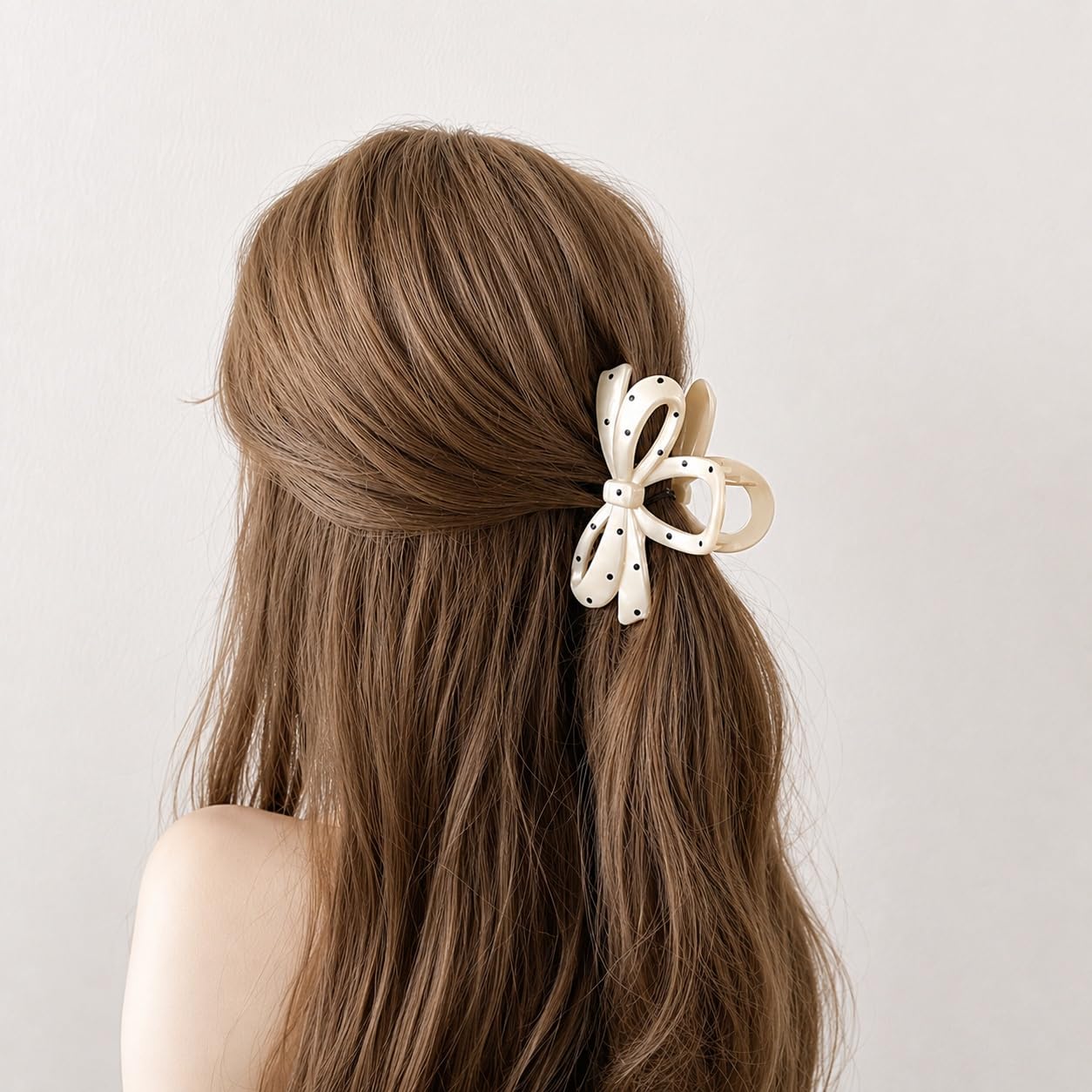 S.A.V.I Bow Hair Claw Clip Large Polka Dot Off White, 10.5 cm | Strong Acrylic Clutcher, Secure Hold, Thick Hair, Half & Full Updos, 1 Piece