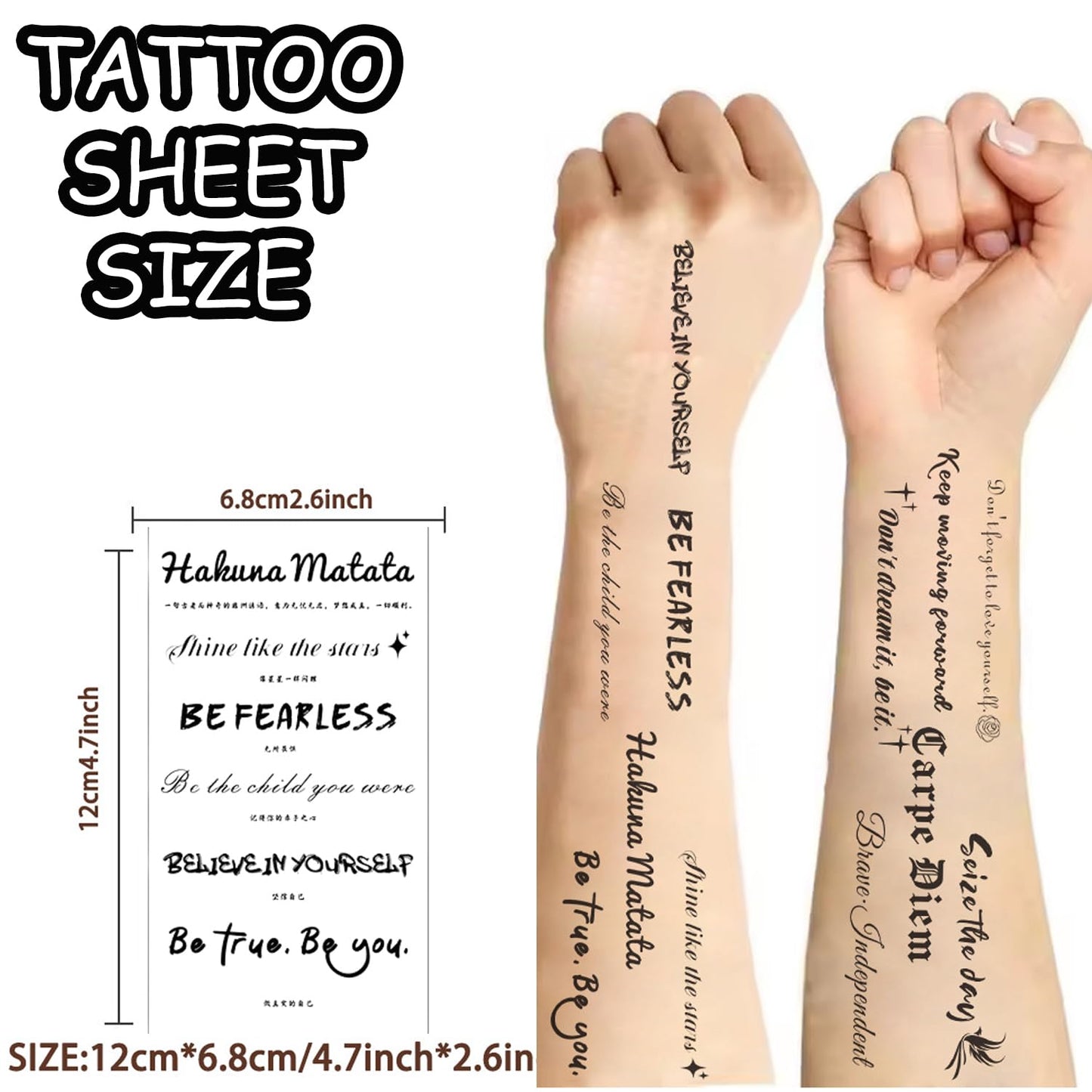 S.A.V.I 10 Sheets Temporary Tattoo Stickers for Kids & Adults | Black Motivational Quotes | Waterproof, Safe & Non-Toxic | Easy to Apply & Remove Body Art for Arm, Wrist, Face – 12x6.8cm