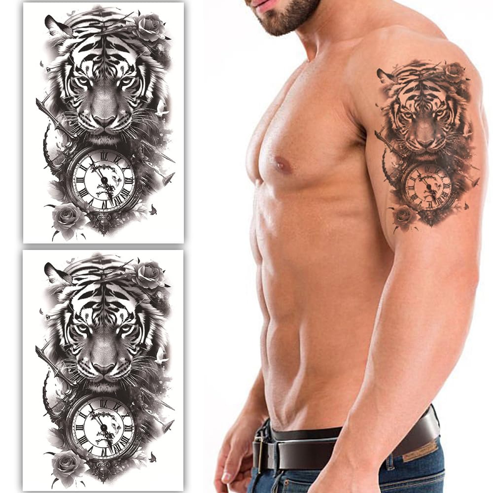 S.A.V.I 2 Sheets Black Temporary Tiger Tattoo with Clock Design - Waterproof, Large 19x12cm - Long-Lasting Body Art Stickers for Men  Women - Easy Application  Removal