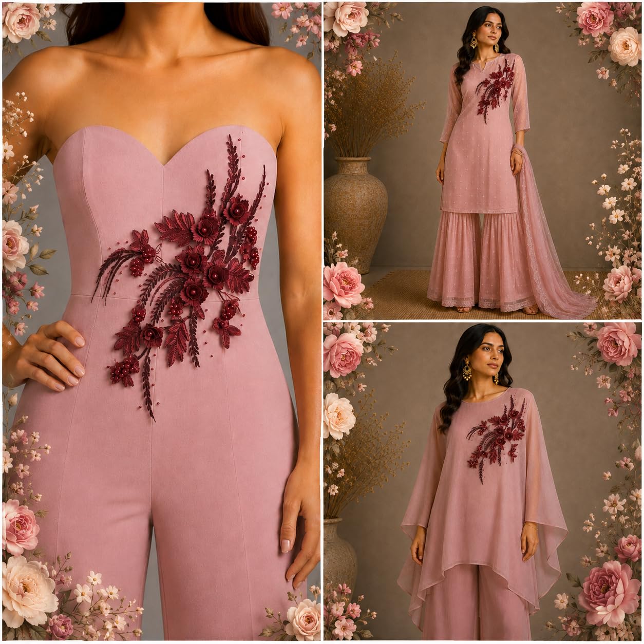 S.A.V.I Floral Embroidery Patch Sew-On Applique Wine 34x25cm|3D Beaded Mesh Lace Motif for Kurti, Gown, Blouse & DIY Craft, Premium Finish