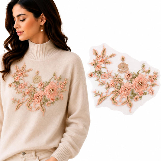 S.A.V.I Floral Embroidery Patch Sew-On Applique Lace Motif|Pink & Gold DIY Garment Embellishment, 36 x 25 cm, Mesh Fabric, Ideal for Kurtas, Gowns, Blouses & Craft Decor