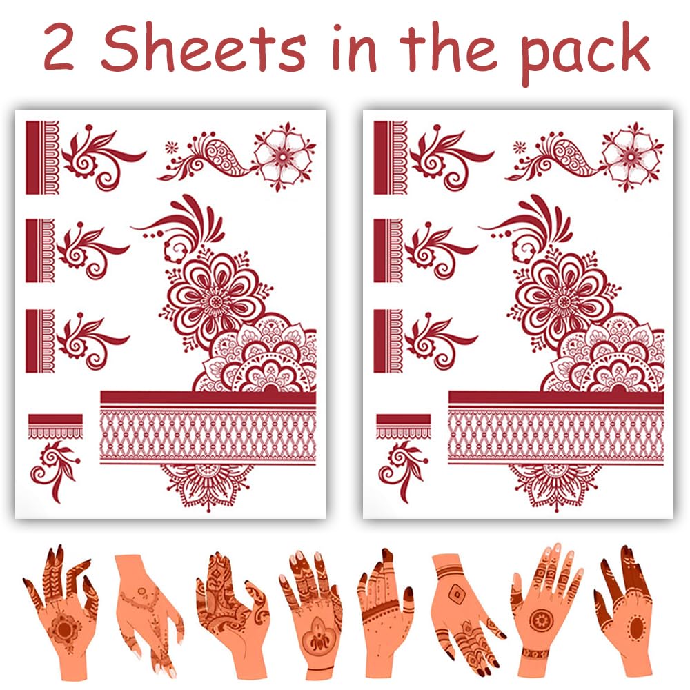 S.A.V.I 2 Sheets - Red Mehndi Style Temporary Tattoo Stickers for Women & Girls (16x12cm) | Floral Net Design | Waterproof, Safe, Non-Toxic Body Art for Hands – Easy to Apply & Remove (#63)
