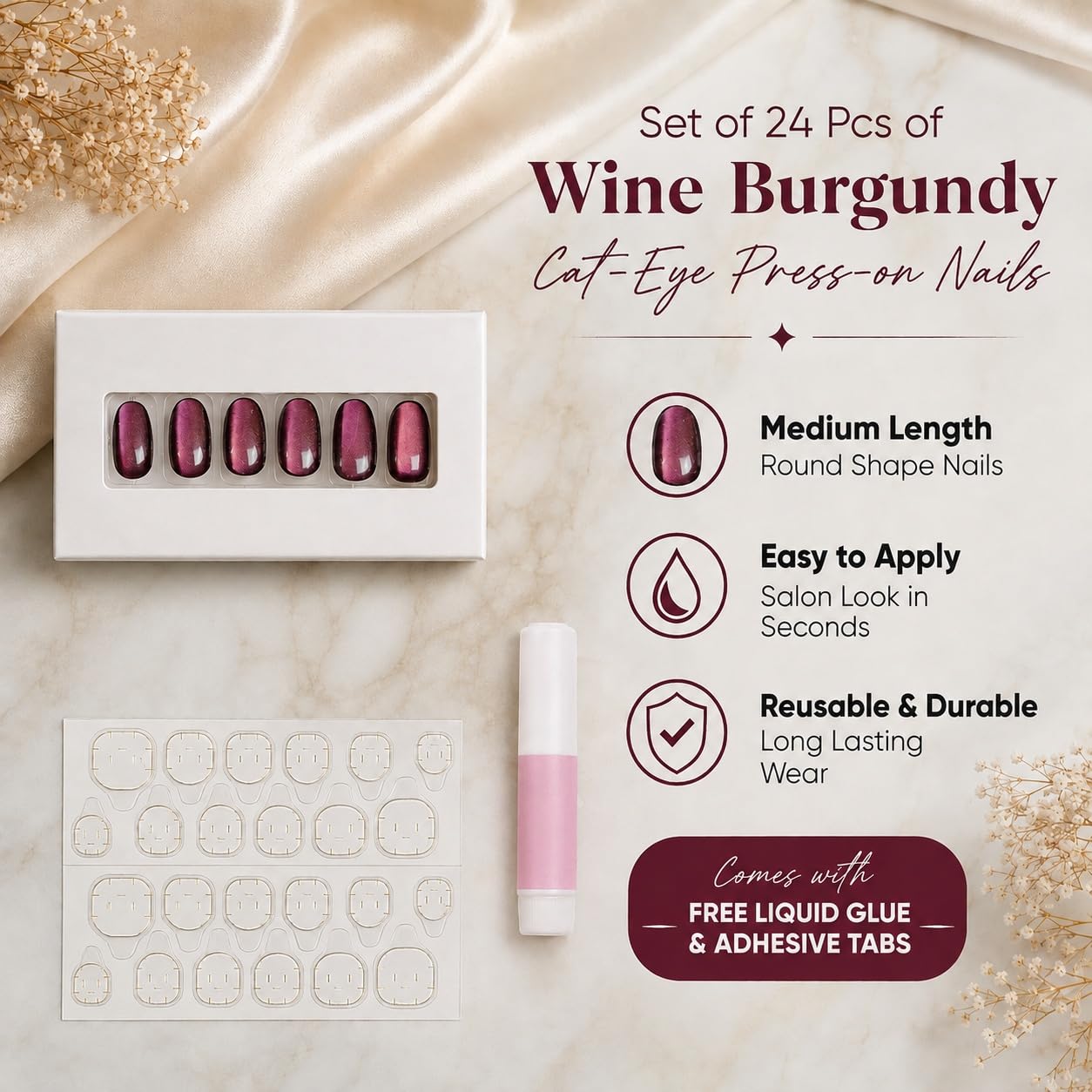 S.A.V.I Cat Eye Press on Nails Wine Burgundy Medium Round 24 Pcs