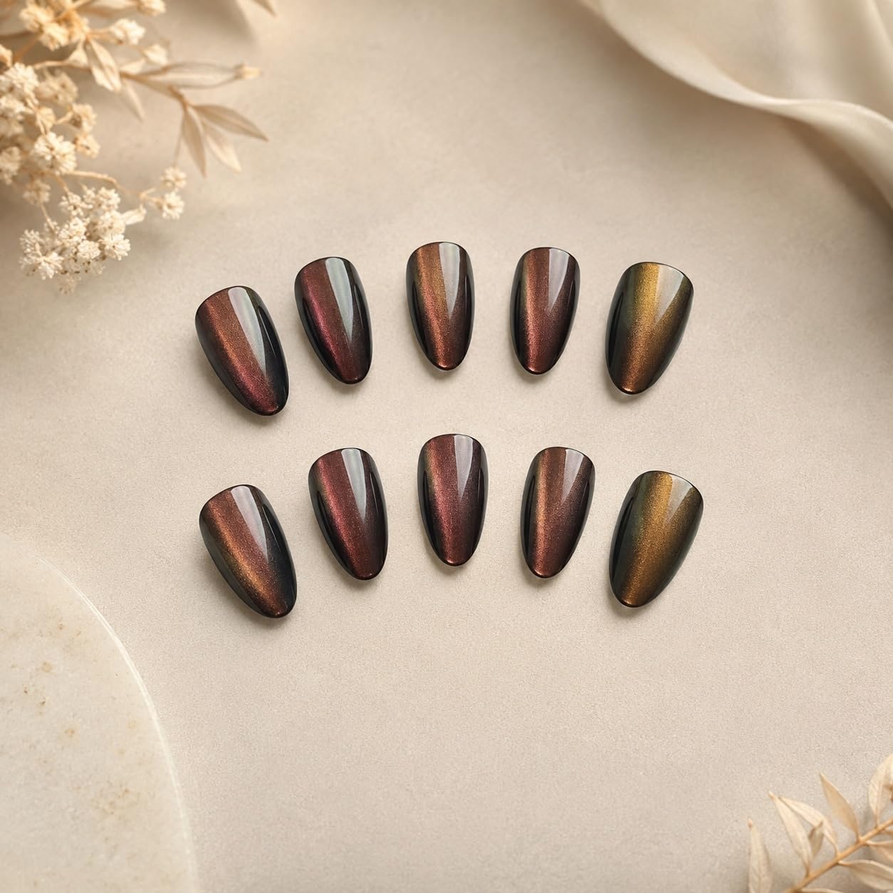 S.A.V.I Cat Eye Press on Nails Copper Bronze Medium Almond 30 Pcs