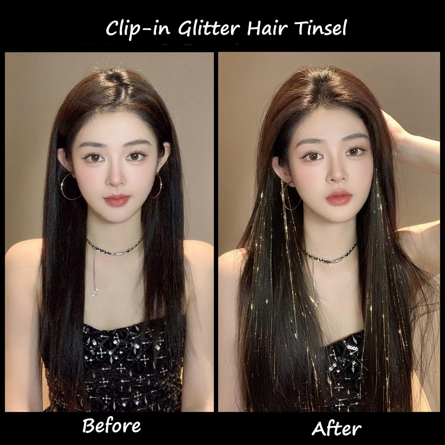 S.A.V.I Gold Clip-In Hair Tinsel Extensions 12 Pcs, 50cm Glitter Fairy Hair Strands, Reusable Synthetic Shimmer Highlights, Metallic Sparkle Hair Accessory for Women, Girls & Party Styling