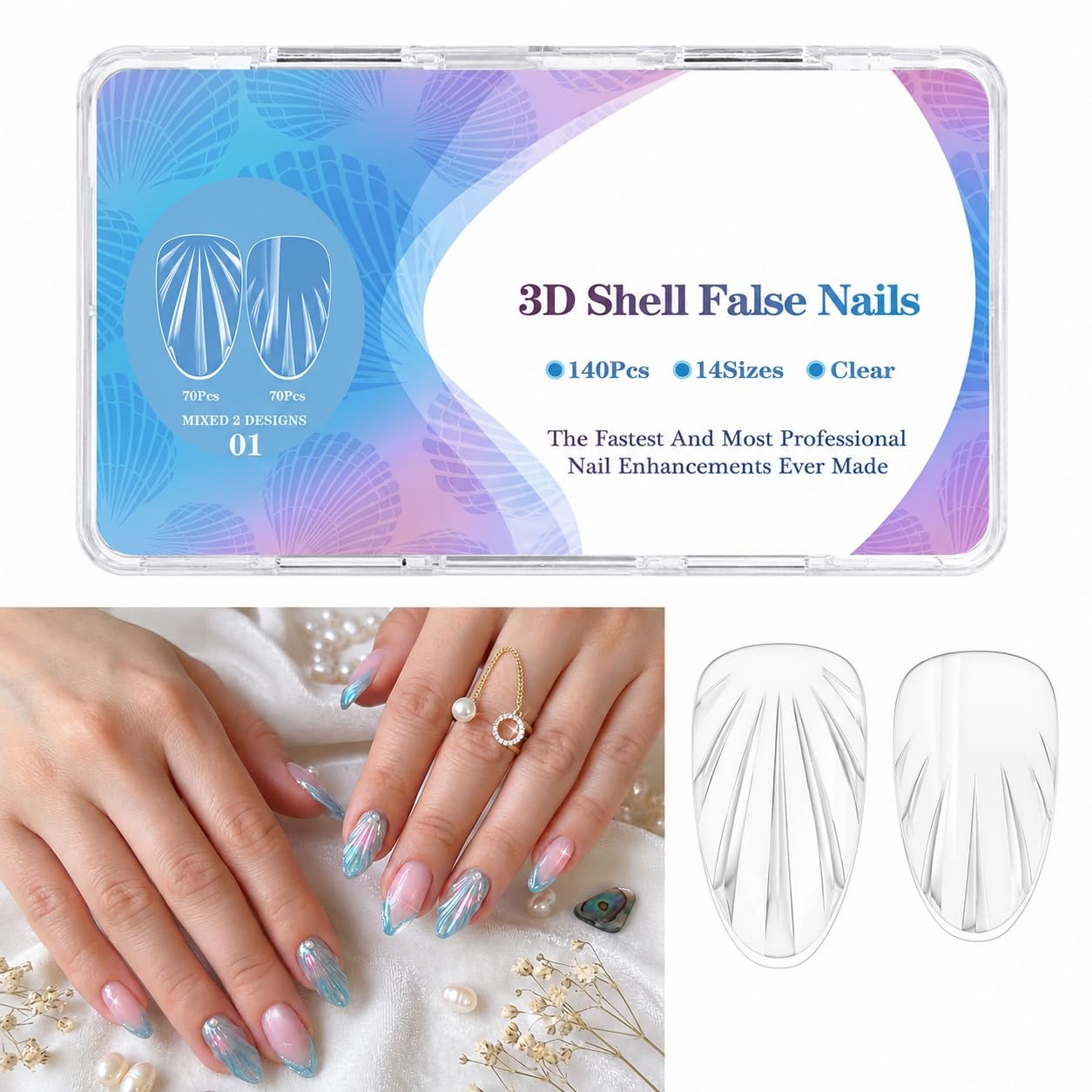 S.A.V.I Clear 3D Mermaid Shell Short Almond False Nails 140 Pcs | 12 Sizes Included, Flexible ABS Material, Natural Fit, Reusable DIY Manicure, Salon Finish