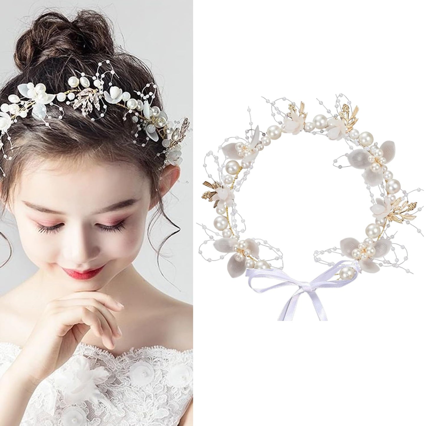 S.A.V.I White Floral Pearl Headband for Girls & Women | Adjustable Boho Bridal Hair Crown Tiara | Alloy Faux Pearl Acrylic Flower Leaf Design | Wedding Party Princess Hair Accessory
