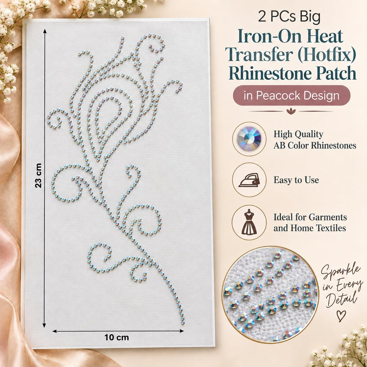S.A.V.I Iron-On Rhinestone Patch AB Crystal Peacock Motif 23x10cm