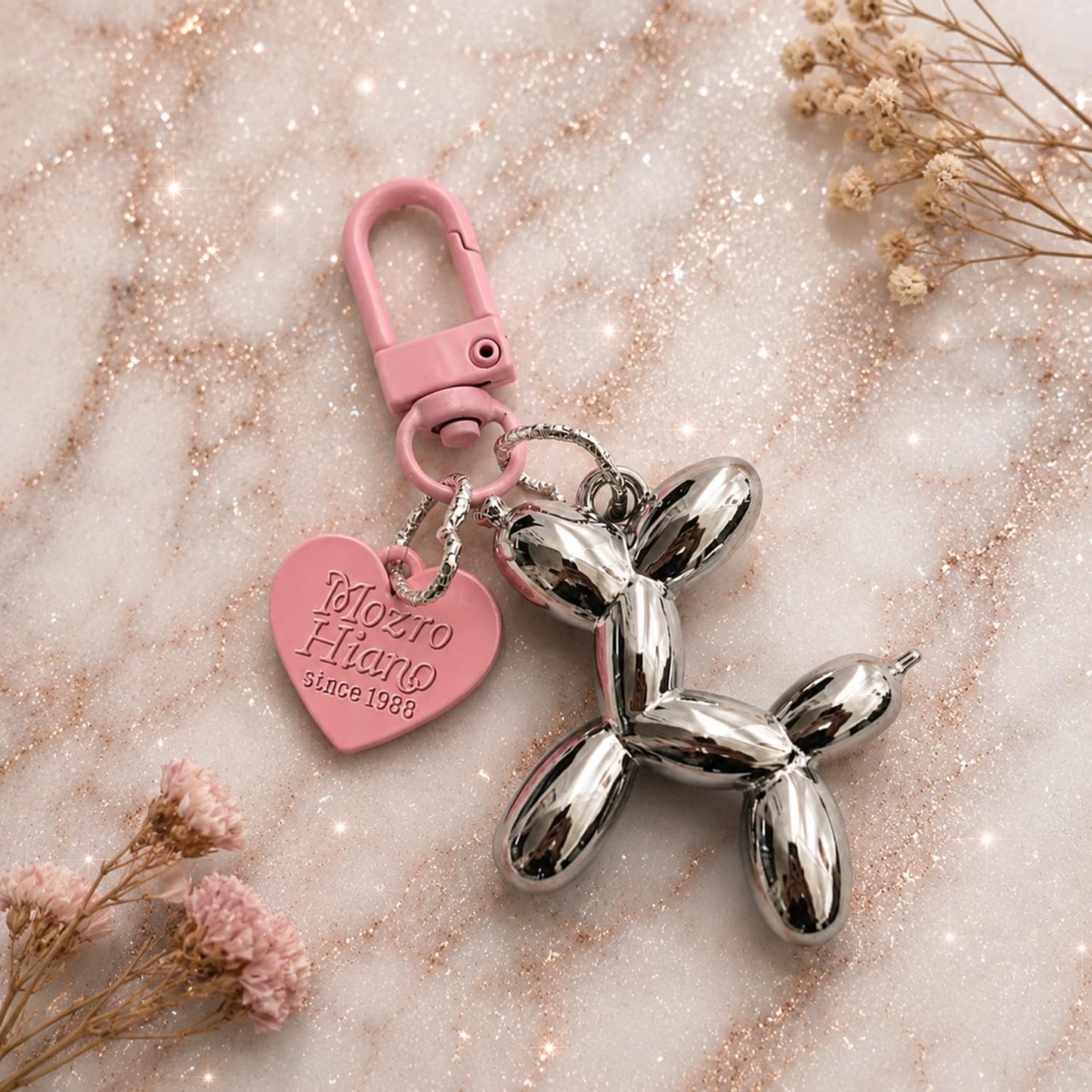 S.A.V.I Balloon Dog Keychain for Women & Girls, Cute Bag Charm, Silver Pink, Glossy metal accessory with clip for handbags, backpacks & keys; stylish gift for everyday fashion lovers.