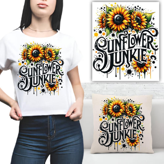 S.A.V.I Sunflower Junkie Iron-On Heat Transfer Patch - 1PC, 8.5x7 Inch DIY Fabric Sticker for T-Shirts, Hoodies, Bags, Denim  Pillows - Bright Sunflower Design, Washable  Durable, Easy Application
