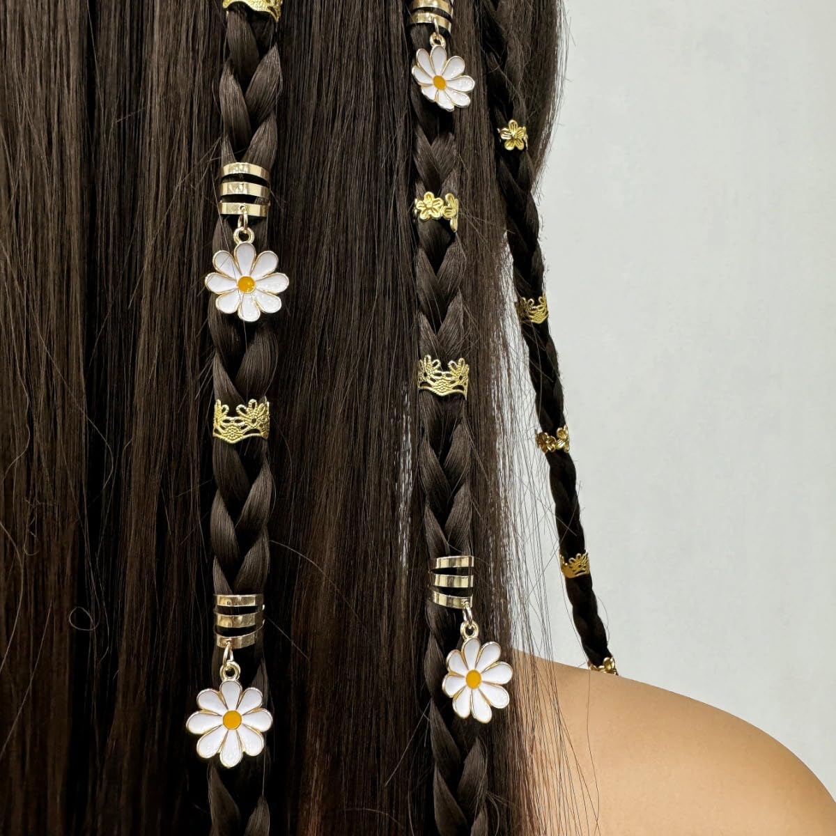 S.A.V.I 45 Pcs Daisy Flower Hair Braid Rings Set for Women & Girls, Gold Metal Dreadlock Cuffs with White Floral Charms, Boho Braiding Accessories for Braids, Locs, Ponytails & Hair Styling