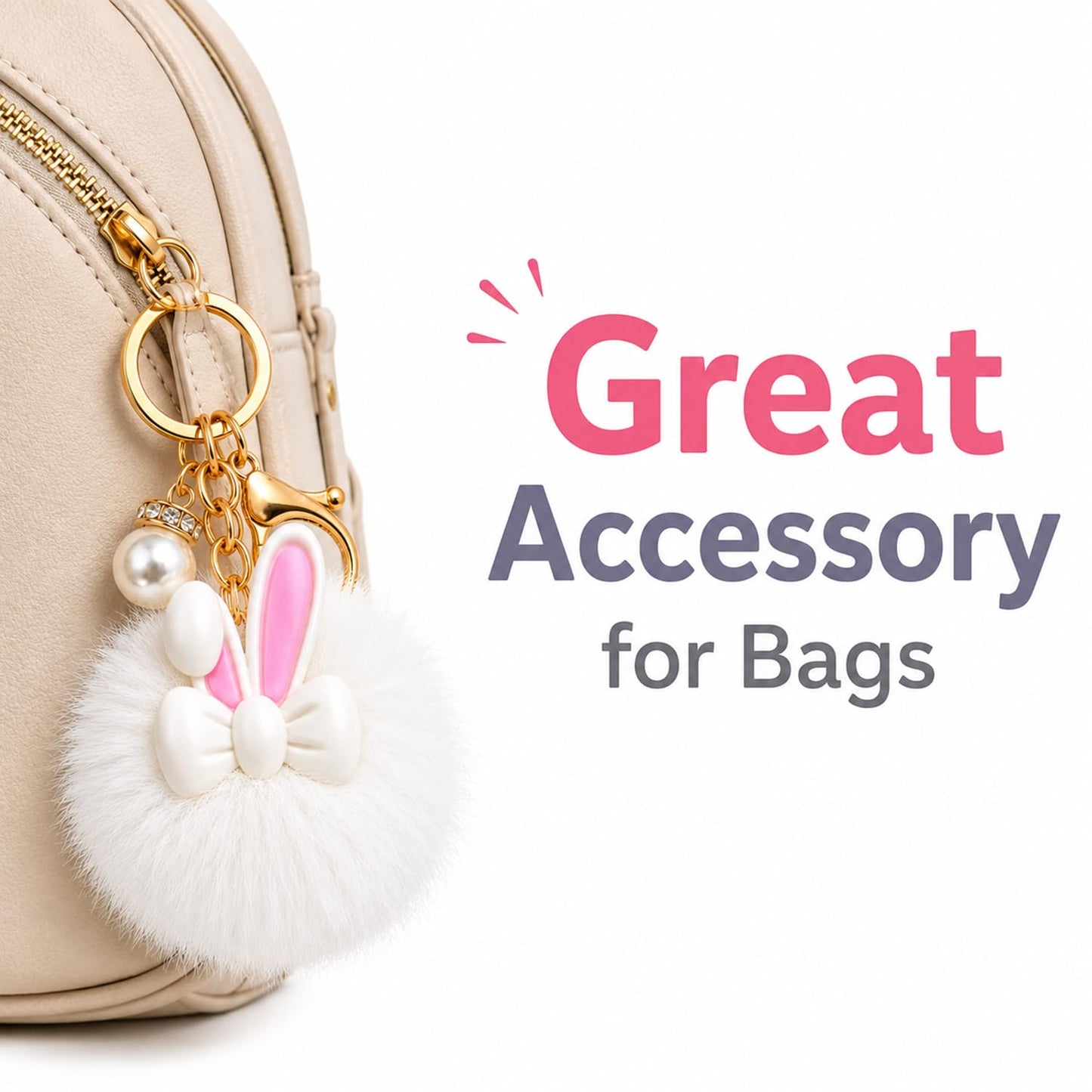 S.A.V.I Bunny Pom Pom Keychain for Women & Girls, Faux Fur Bag Charm, White, Soft Plush Finish, 13 cm Cute Rabbit Pendant with Pearl Accent, Gold-Tone Clasp for Handbags, Backpacks, Keys & Gifts