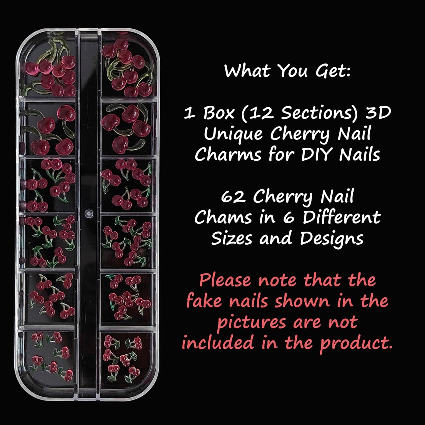 S.A.V.I 3D Cherry Nail Art Charms Set (62 Pcs) | Red & Green Resin Mini Fruit Designs | Mixed Sizes | Glossy Finish | DIY Nail Decoration | 12-Grid Storage Box