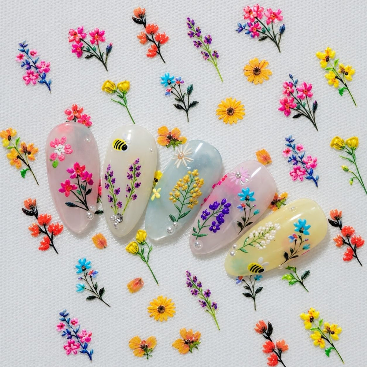 S.A.V.I 5D Nail Art Stickers Wildflower Floral Designs, Set of 3 | Self-Adhesive Decals, 7 x 9 cm Sheets, DIY Manicure, Women & Girls, Multicolour Blossoms