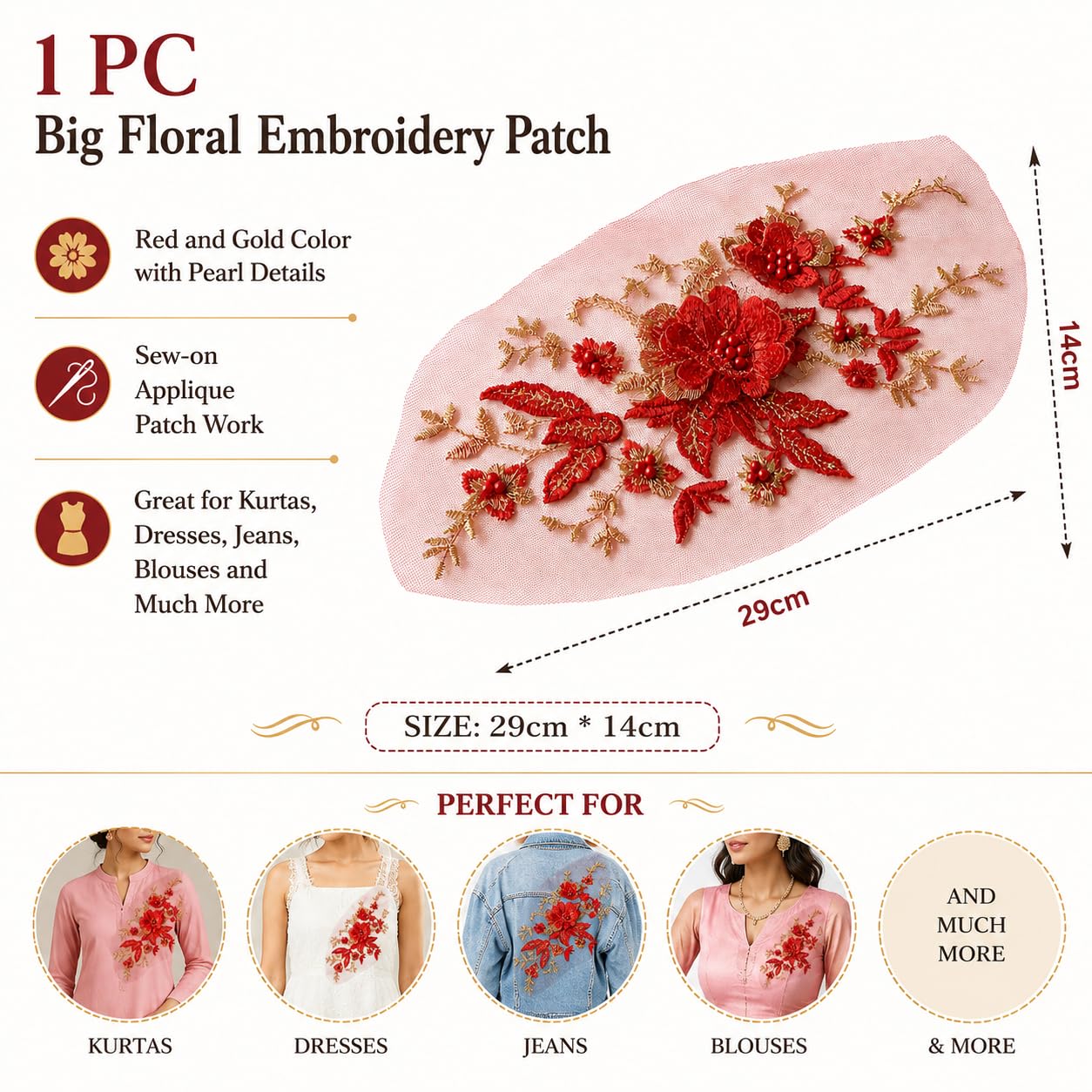 S.A.V.I Floral Embroidery Patch Sew-On Applique Red Gold 29x14cm (Red)|Decorative Lace Motif with Pearl Beads for Kurtas, Saree Blouses, Dresses, Jackets & DIY Craft Customization