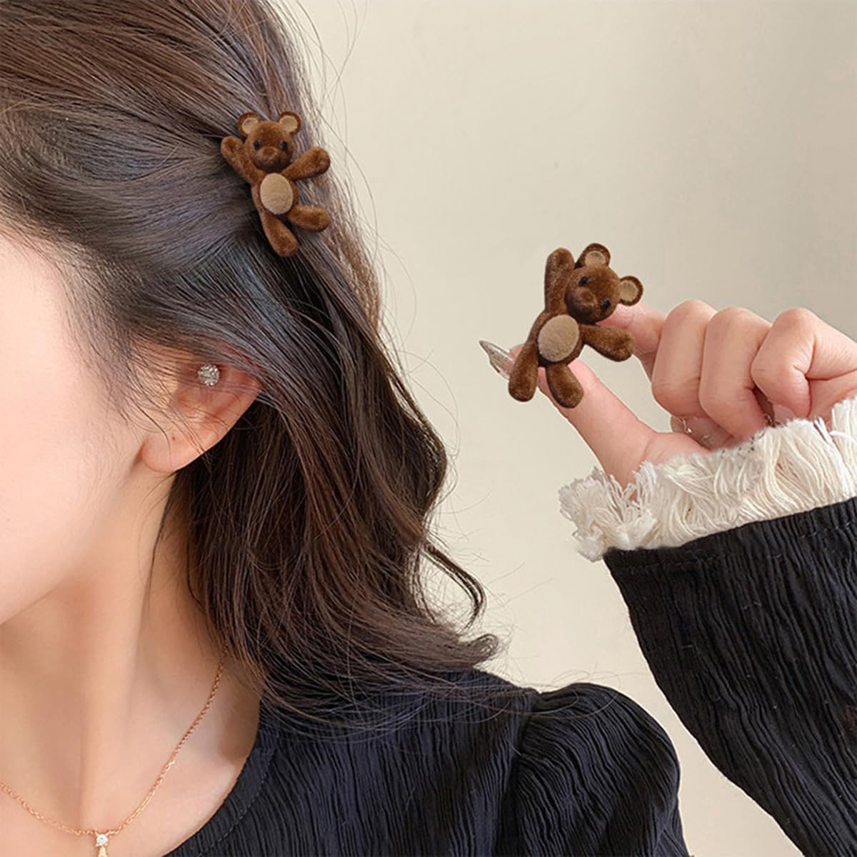 S.A.V.I Cute Brown Teddy Bear Hair Clip for Girls & Women | Mini Plush Furry Hair Claw Clip 4 cm | Soft Velvet Cartoon Bear Korean Style Hair Accessory for Kids