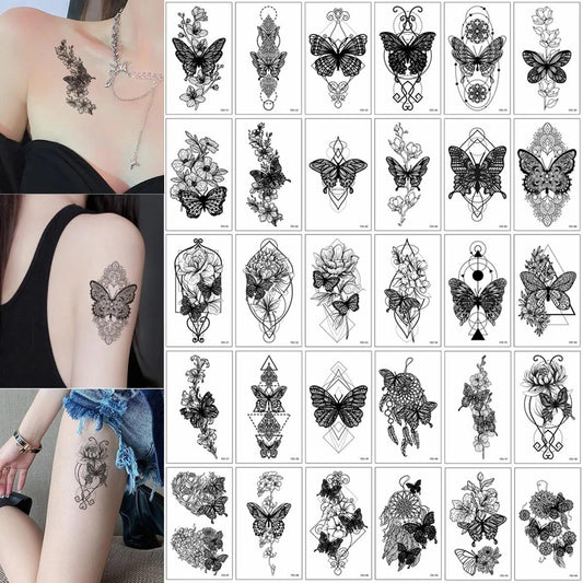 S.A.V.I 30 Pcs Temporary Tattoos for Women Girls – Black Butterfly & Floral Design, Waterproof, Safe & Non-Toxic, 9.7x5.7 cm, Easy to Apply & Remove Body Art Stickers (17)