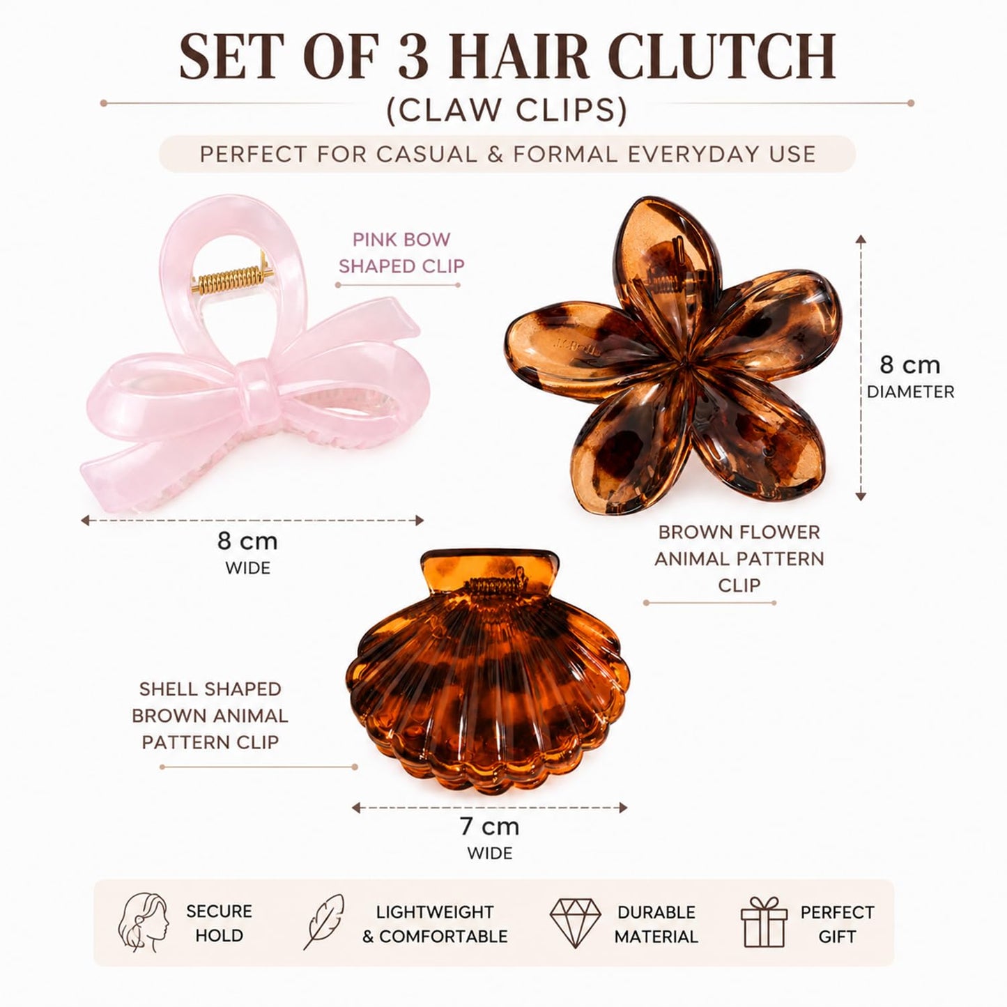 S.A.V.I Hair Claw Clips Set of 3, Bow Flower & Shell, 7-8 cm, Brown Tortoise & Pink, Strong Acrylic Grip for Thick & Medium Hair, Everyday