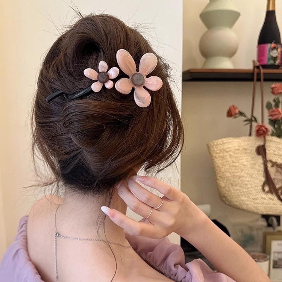 S.A.V.I Pink & Brown Flower Hair Clip for Women & Girls, 14cm Large Acrylic Floral Barrette, Cute Trendy Hair Accessory with Strong Grip for Casual & Party Hairstyles
