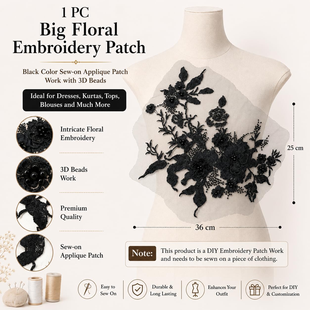 S.A.V.I Floral Embroidery Sew-On Applique Patch Black|36 x 25 cm Mesh Lace With 3D Beads for Dresses, Kurtas, Blouses, Gowns & DIY Outfit Customization