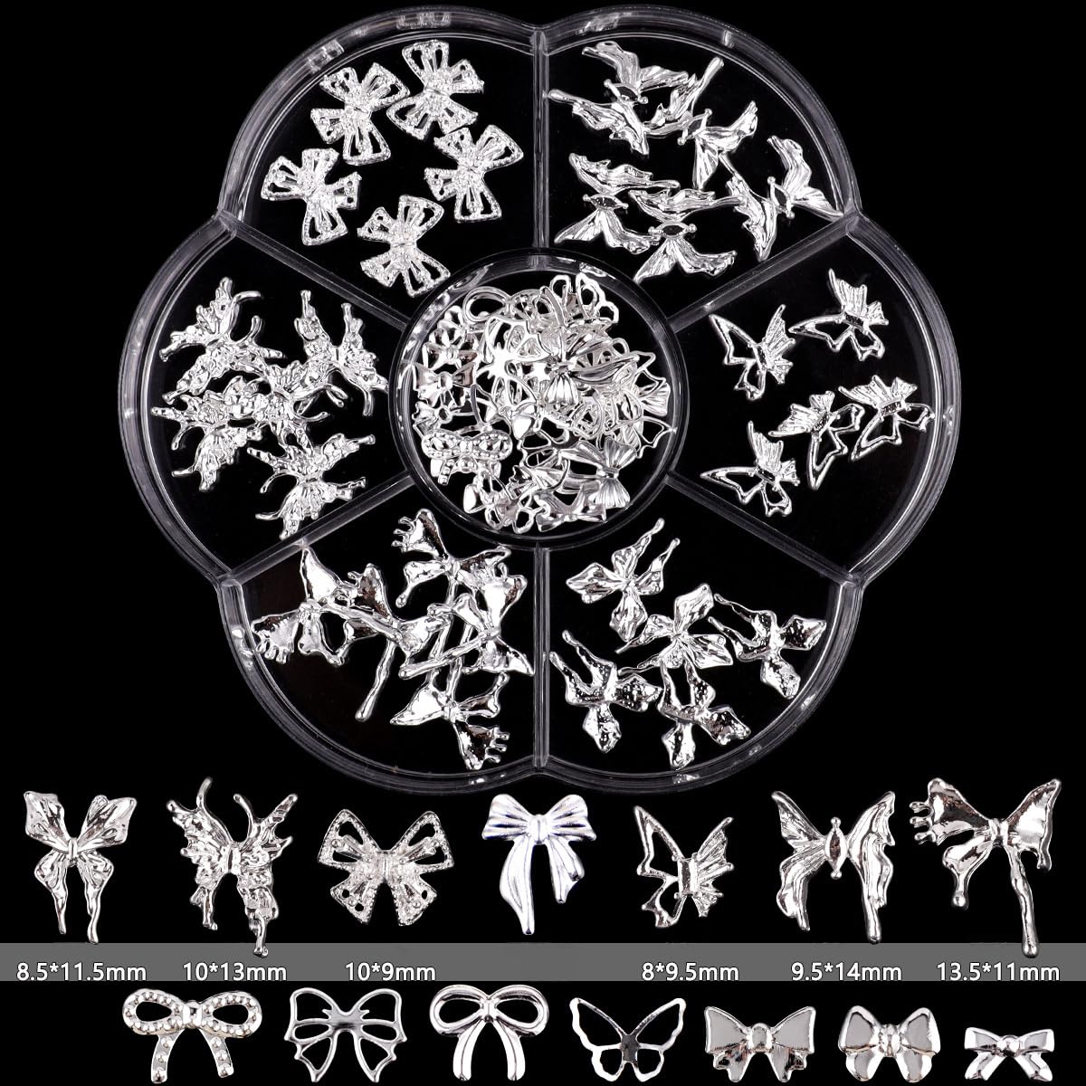 S.A.V.I Silver Metal 3D Nail Art Charms Set (60 Pcs) with Fairy, Butterfly & Bow Designs | DIY Decorations for Gel & Acrylic Nails | Flower Shape Round Storage Box 8.3 cm