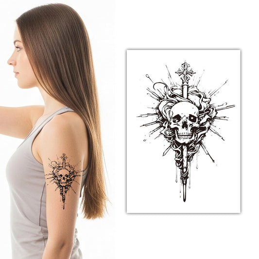 S.A.V.I Black Skull Cross Temporary Tattoo for Men & Women, 21 x 11 cm Waterproof Arm Shoulder Body Sticker, Safe Non-Toxic Gothic Design for Parties, Festivals & Cosplay