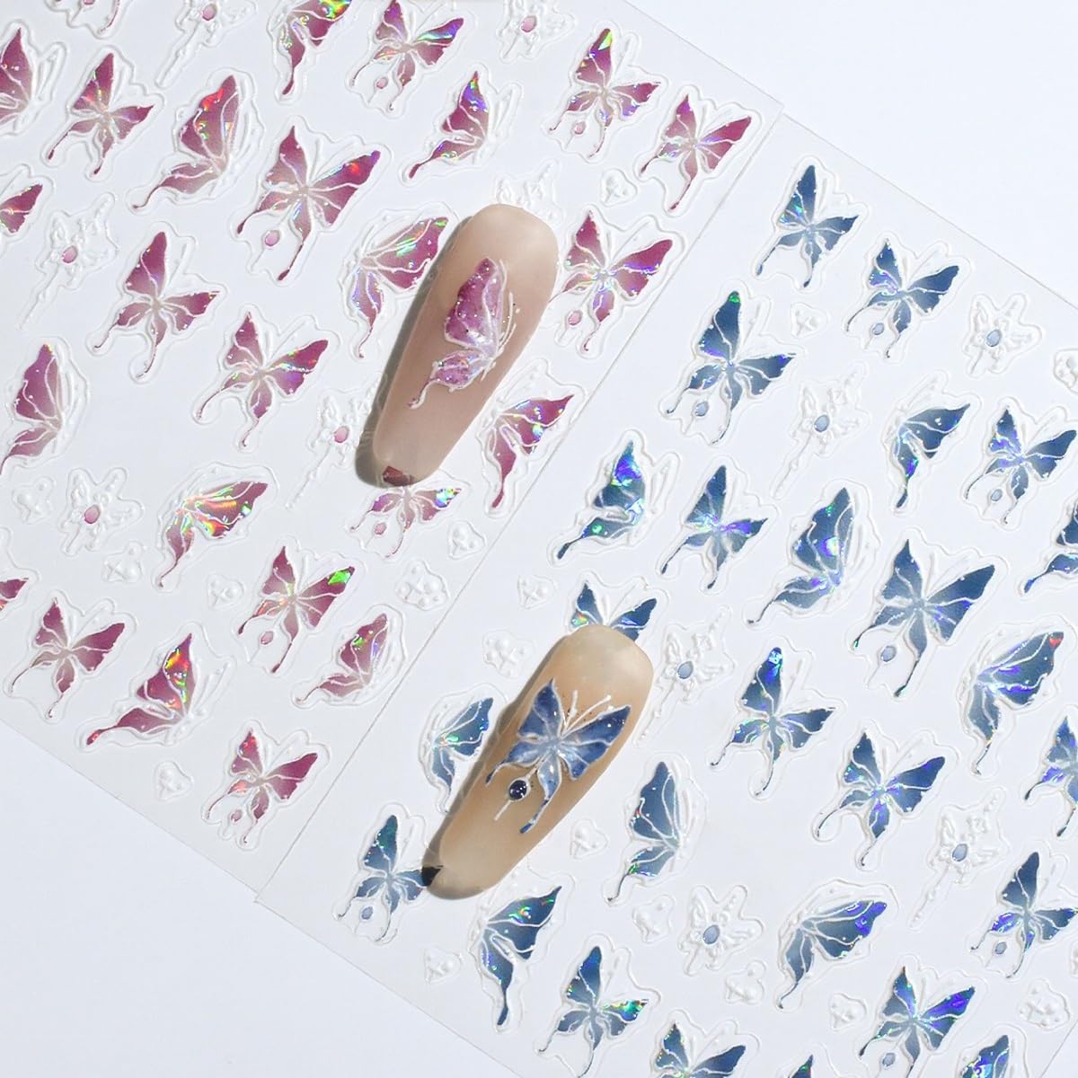 S.A.V.I 2 Sheets - 3D Butterfly Nail Art Stickers, Pink & Blue Holographic Self-Adhesive Decals, Waterproof Acrylic Decorations for Women and Girls