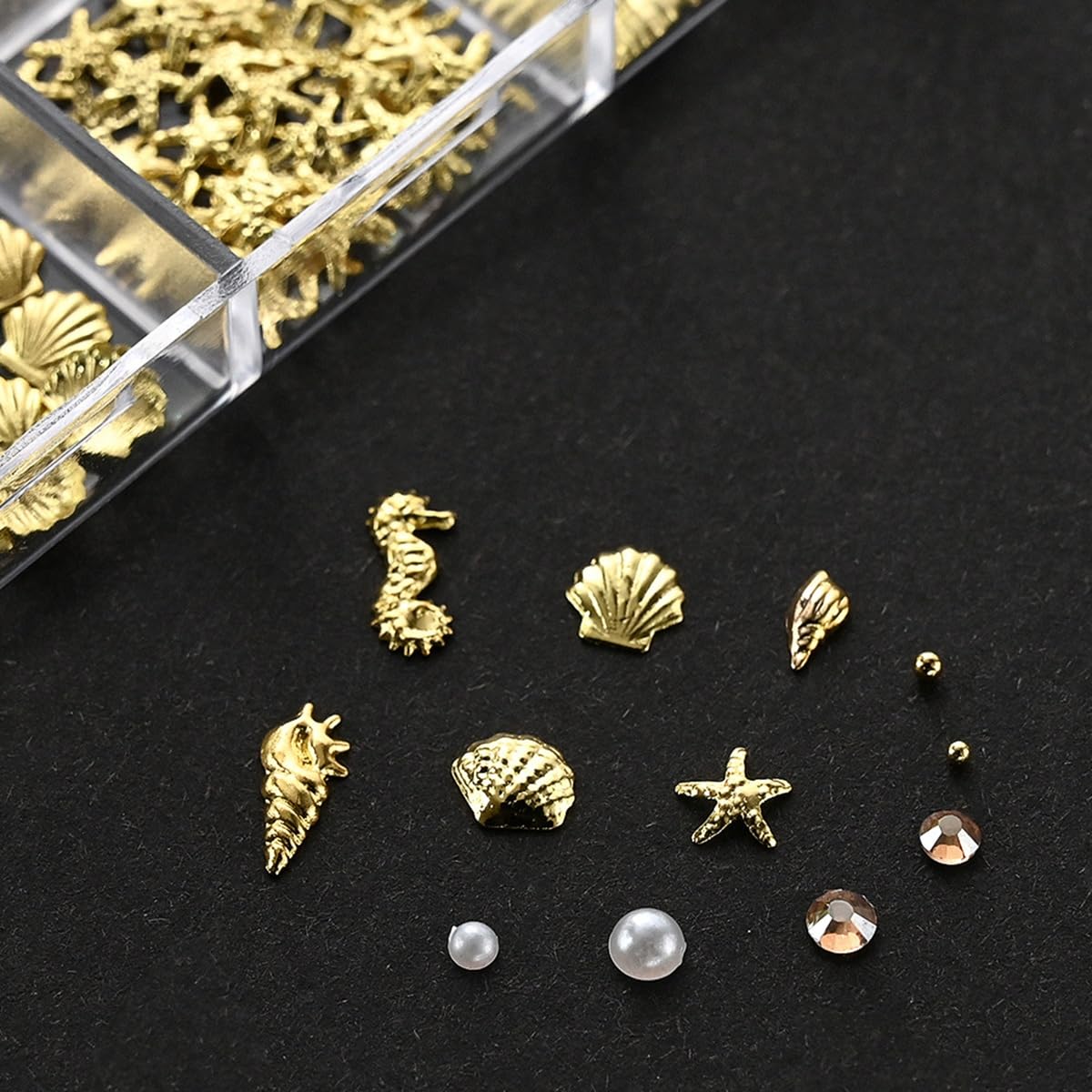 S.A.V.I 3D Beach Theme Nail Art Kit | Gold Metal Seashell, Starfish & Seahorse Charms with Pearls and Rhinestones | Multi Size Flat Back | 12 Grid Storage Box