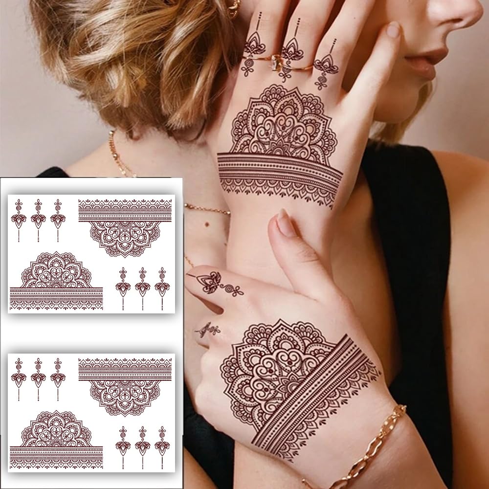 S.A.V.I 2 Sheets Henna Mehendi Tattoo Stickers - Waterproof Natural Color - Women's Hands/Arms - 21x15cm
