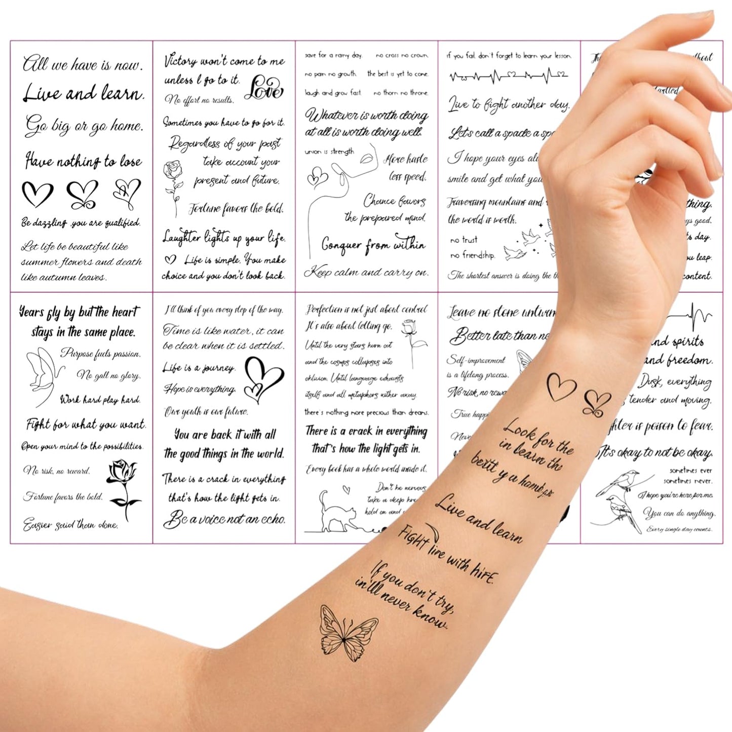 S.A.V.I 10 Sheets Black Inspirational Quote Temporary Tattoos for Women & Girls, Waterproof Long Lasting Non-Toxic Safe Sticker, Script Rectangle 12x6.8 cm for Hand Wrist Arm (#327)