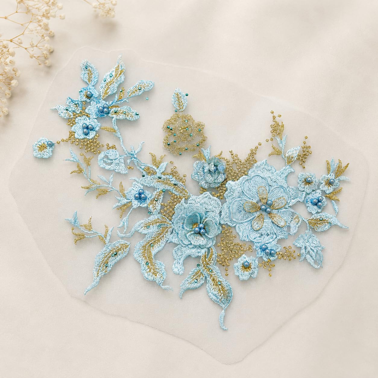 S.A.V.I Floral Embroidery Applique Patch Sew-On Cyan 36x25 cm|DIY Lace Motif With Beadwork For Dresses, Kurtas, Blouses & Tops; Custom Garment Embellishment, 1 Piece