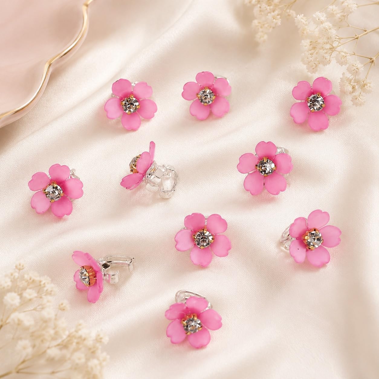 S.A.V.I Flower Hair Clips with Rhinestones, Pink, 1.5 cm | Set of 10, Resin Shell Material, Mini Claw Clips, Bridal & Party Styling, for Women & Girls