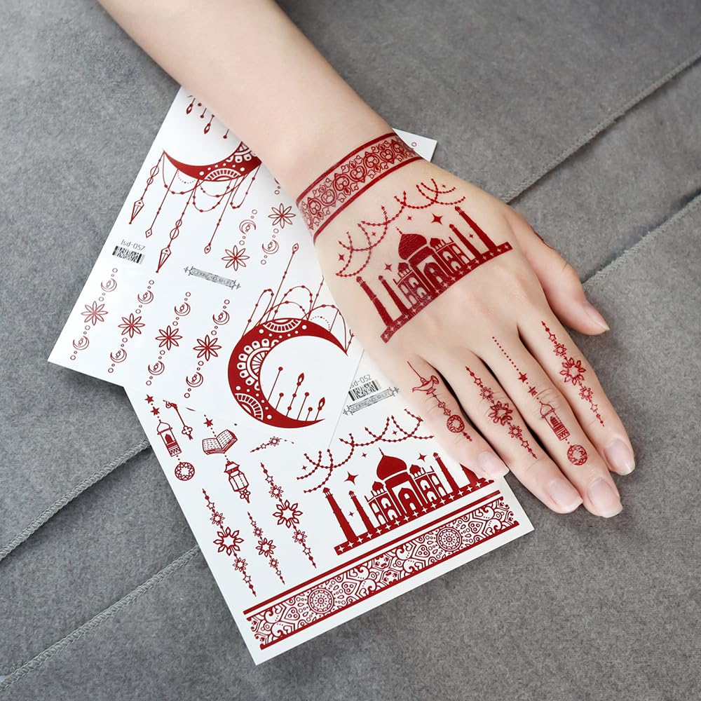 S.A.V.I 2Pcs Natural Islamic Henna Mehndi Temporary Tattoo Stickers for Women – Crescent Moon, Mosque & Mandala Design, Waterproof Skin-Safe Transfer Body Art for Eid, Nikah & Festivals (#51)