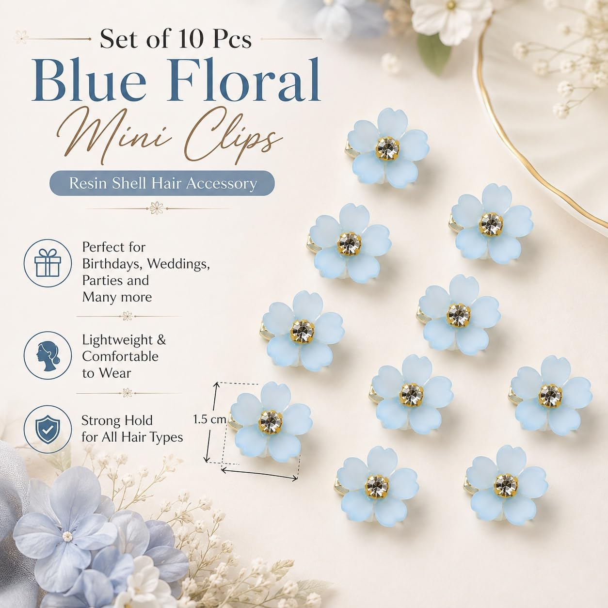 S.A.V.I Blue Floral Mini Hair Clips 1.5 cm Resin Daisy Barrettes | Set of 10, Strong Hold, Lightweight, Women & Girls, Weddings & Parties