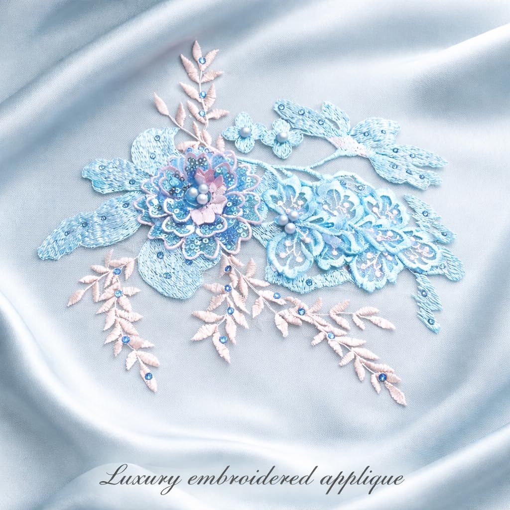 S.A.V.I Luxury Blue Floral Embroidered Appliqué Patch 20 x 25 cm | Sew-On Beaded Lace with Pearls | 3D Flower Design for Dress, Gown, Kurti & Bridal Wear (Blue)