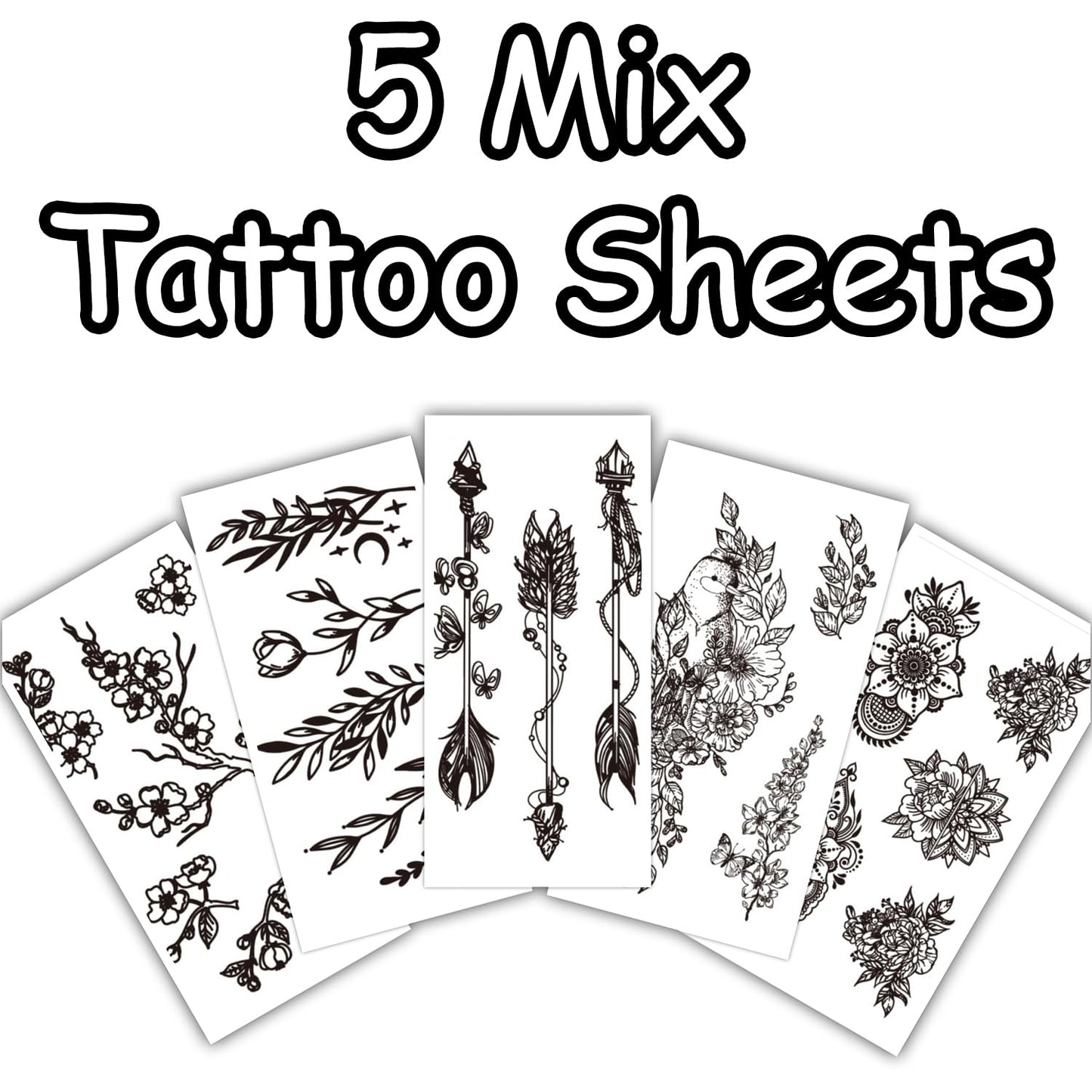 S.A.V.I 5 Sheet Black Floral Temporary Tattoos for Women & Girls – Safe, Non-Toxic, Waterproof Body Art | 10.5x6cm Each | Easy to Apply & Remove – Arm, Wrist, Shoulder Design Stickers (57)