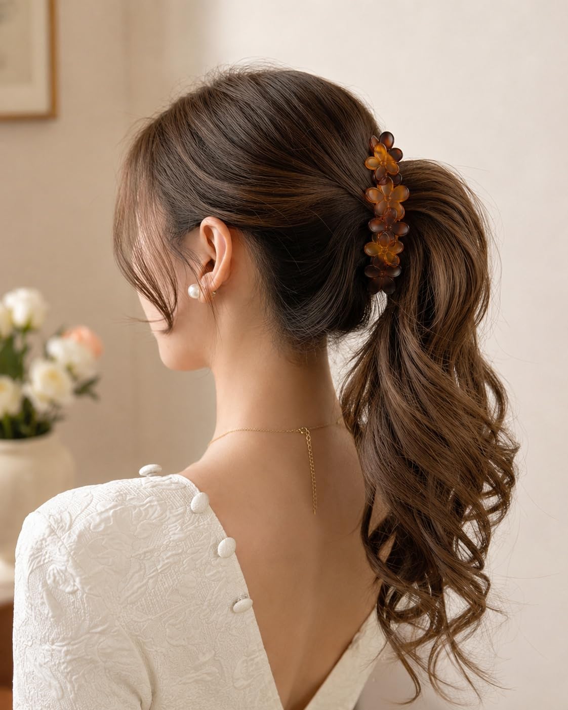 S.A.V.I Banana Hair Clip Floral Barrette for Women, Brown 10 cm | Acetate Material, Secure Lightweight Grip, Office & Party, Ponytail & Half-Up Styles, Daily