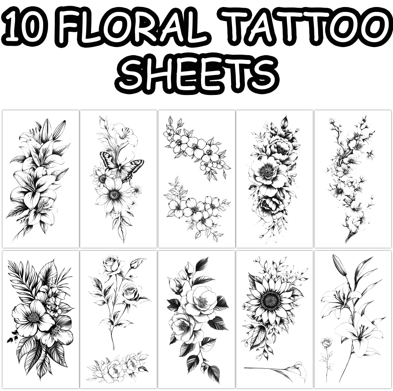 S.A.V.I 10 Sheets Black Floral Temporary Tattoos for Women & Kids | Waterproof Non-Toxic Body Art Stickers | Long-Lasting Skin-Friendly Tattoo for Arm, Wrist, Hand | Easy to Apply & Remove