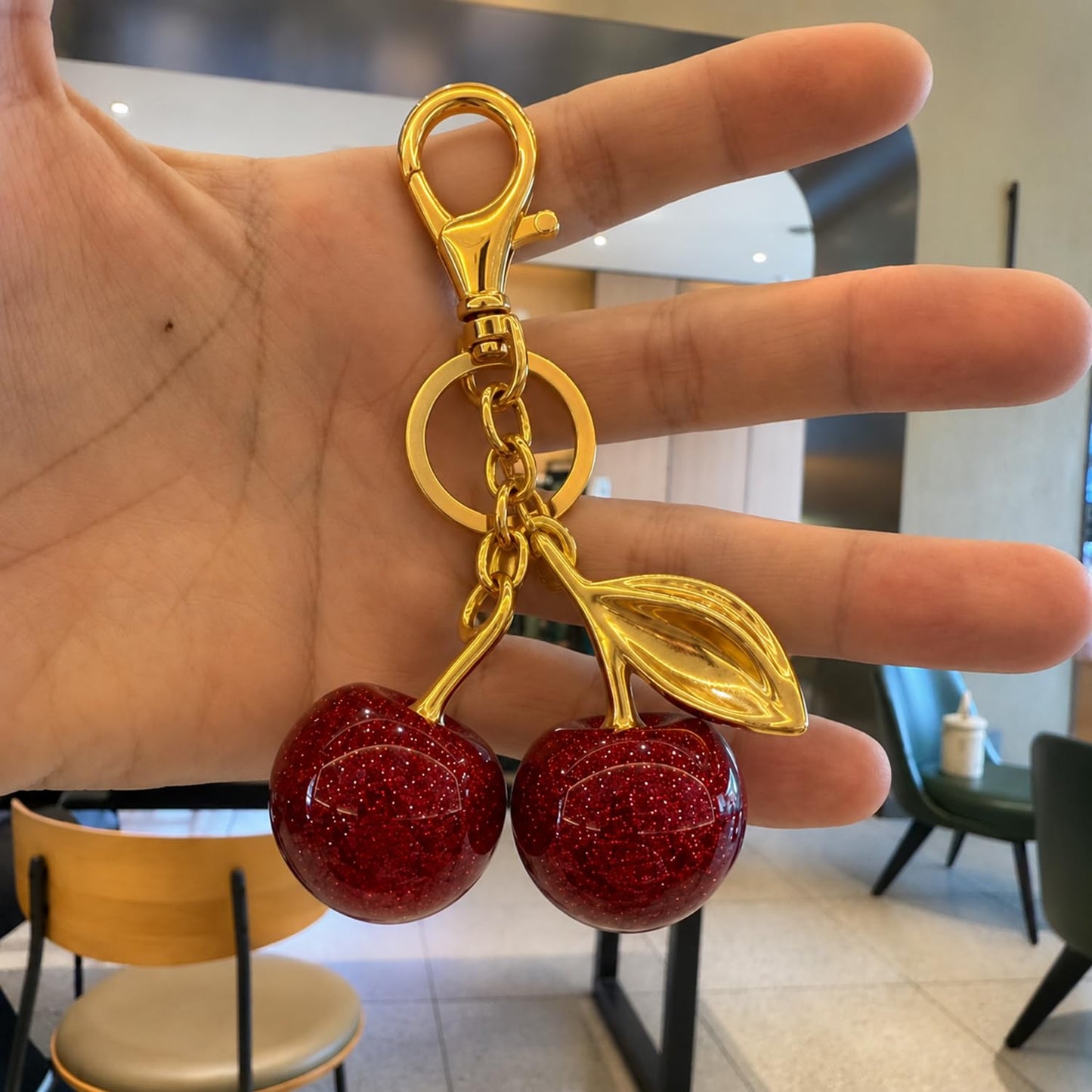 S.A.V.I Cherry Keychain for Women & Girls, Glitter Resin Gold Alloy Charm, Cute Bag Accessory, Purse Pendant, 13 x 7 cm Decorative Key Ring, Red Sparkle Finish, Durable Gift for Handbags & Backpacks