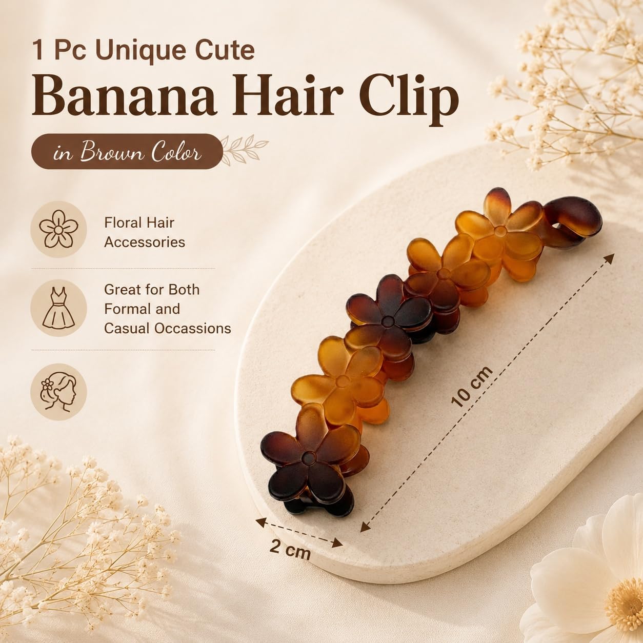 S.A.V.I Banana Hair Clip Floral Barrette for Women, Brown 10 cm | Acetate Material, Secure Lightweight Grip, Office & Party, Ponytail & Half-Up Styles, Daily