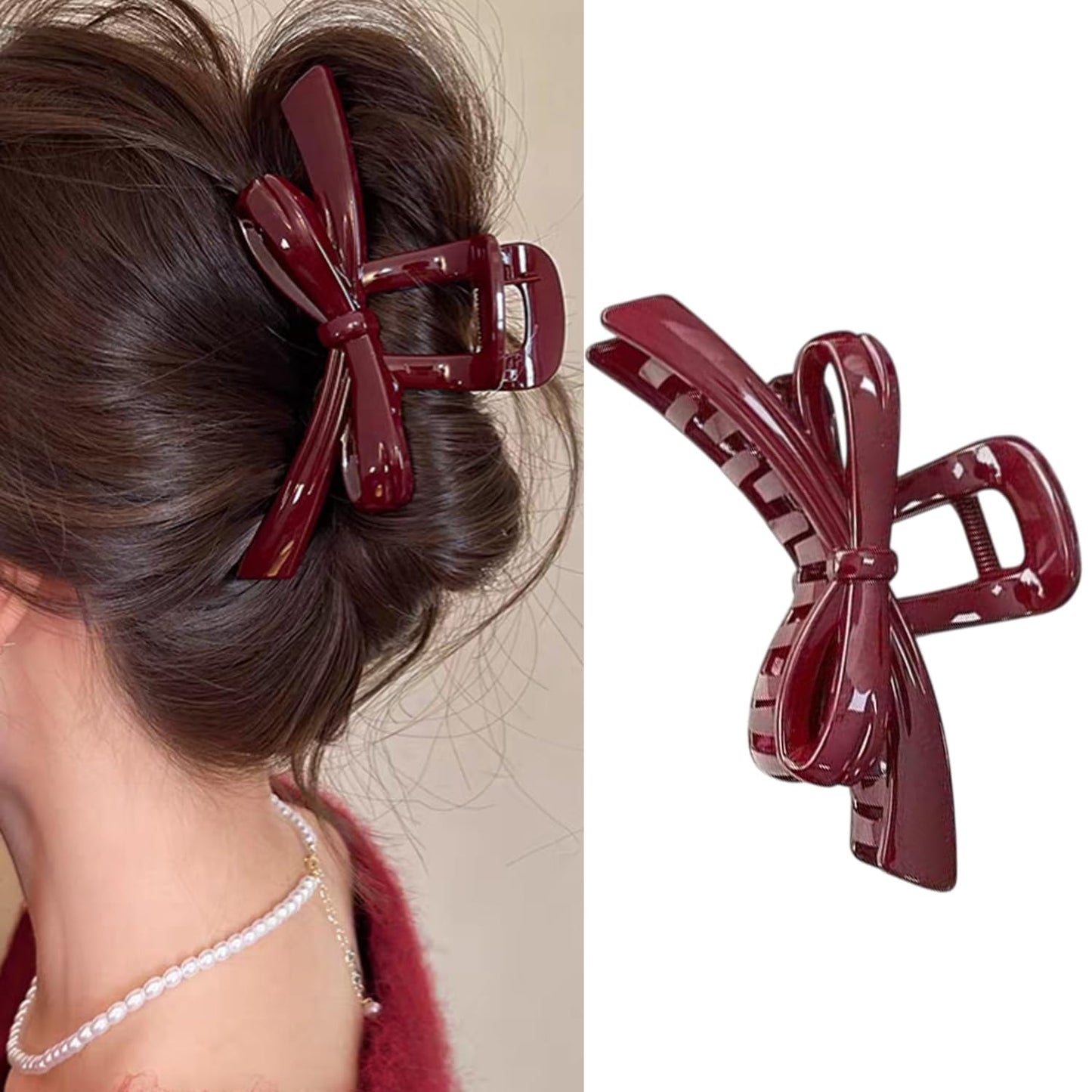 S.A.V.I Maroon Bow Hair Claw Clip 13 cm | Large Glossy Acrylic Clutcher for Women | Strong Hold Grip for Thick Hair | Stylish Everyday Party Hair Accessory