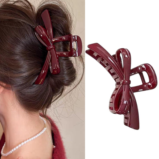 S.A.V.I Maroon Bow Hair Claw Clip 13 cm | Large Glossy Acrylic Clutcher for Women | Strong Hold Grip for Thick Hair | Stylish Everyday Party Hair Accessory