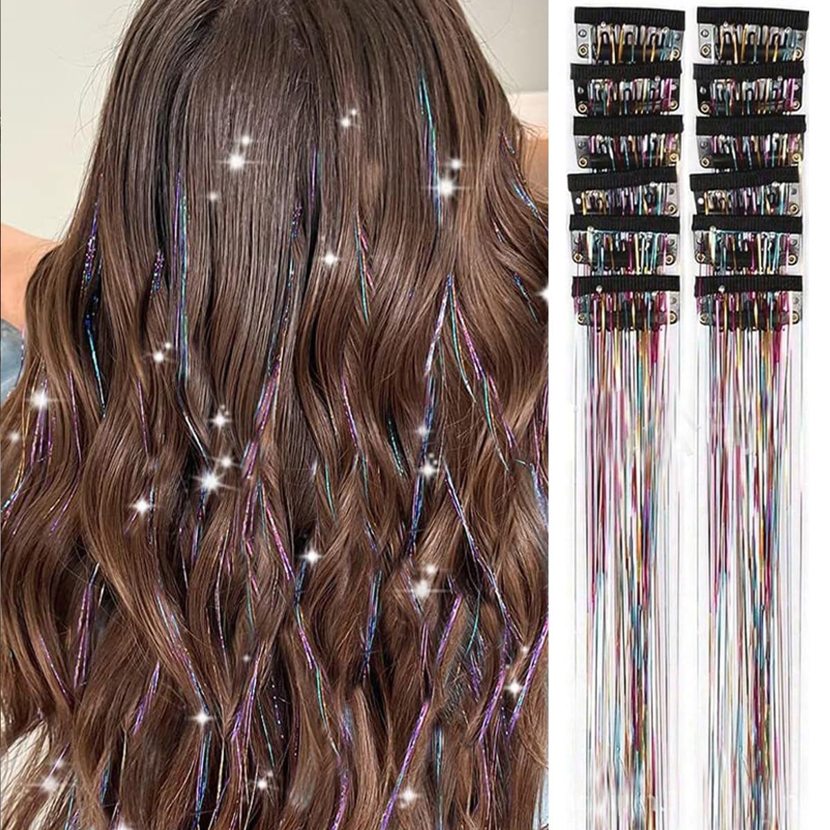 S.A.V.I Multicolor Clip-In Hair Tinsel Extensions 12 Pcs, 50cm Shimmer Fairy Hair Strands with Snap Clips, Metallic Glitter Highlights, Reusable Synthetic Party Styling Accessories for Women & Girls