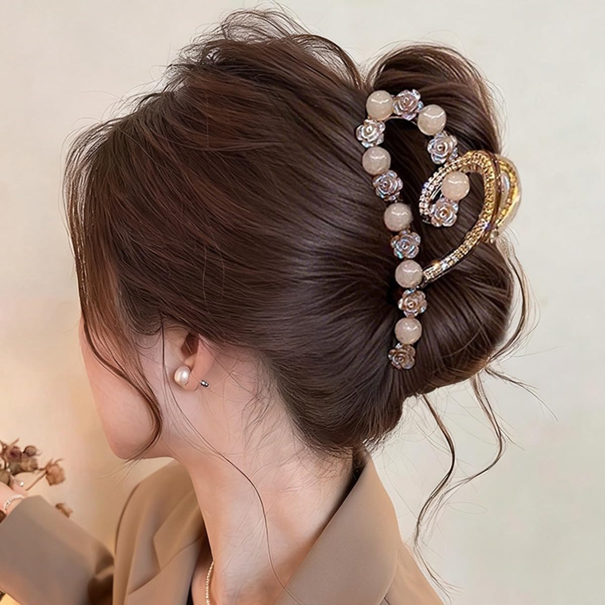 S.A.V.I Champagne Gold Floral Hair Claw Clip for Women, 12 cm Large Acrylic Clutcher with Rose Pearl Beads & Rhinestone, Strong Grip Bun Holder Hair Accessory for Party Daily