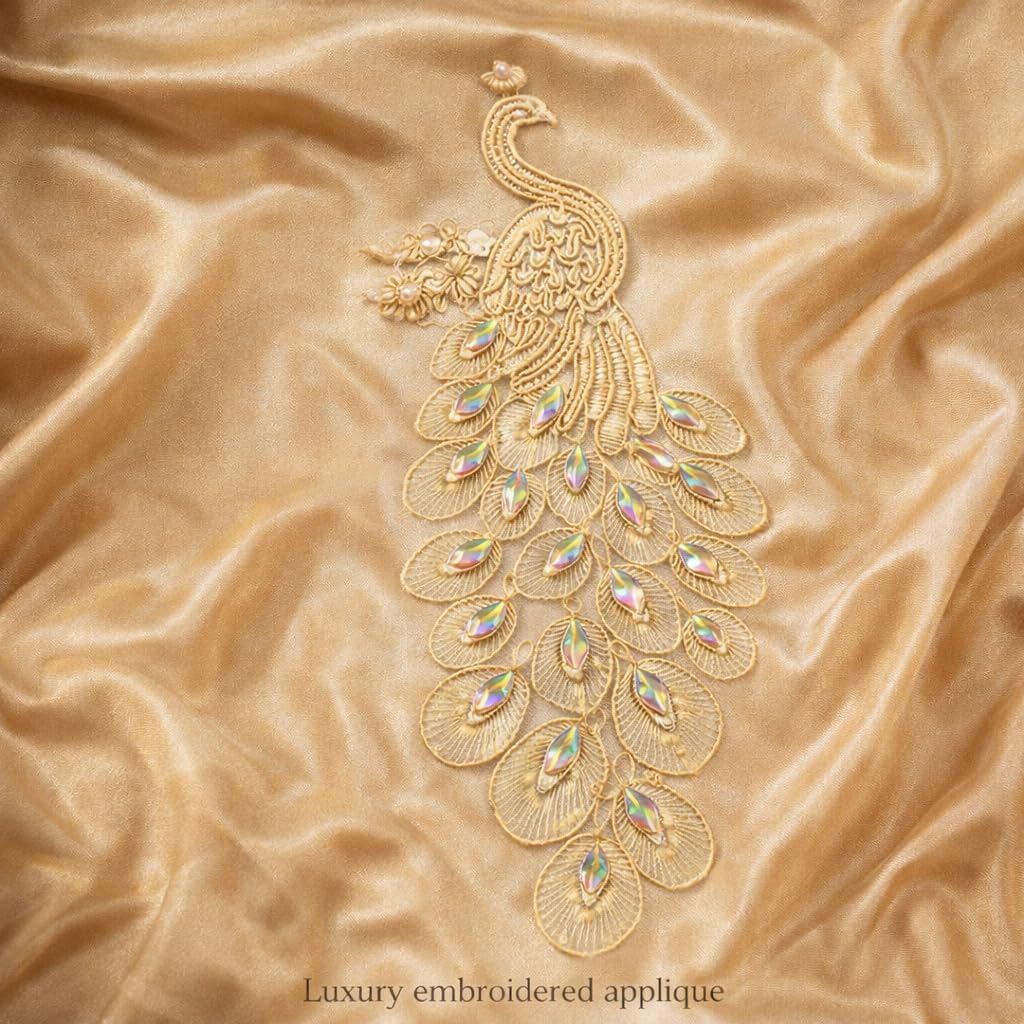 S.A.V.I Gold Peacock Embroidered Sew-On Applique 14 x 30 cm | Luxury Threadwork with Iridescent Stones | Designer Ethnic Motif for Saree, Blouse, Kurti & Gown (Left, Gold, OneSize)